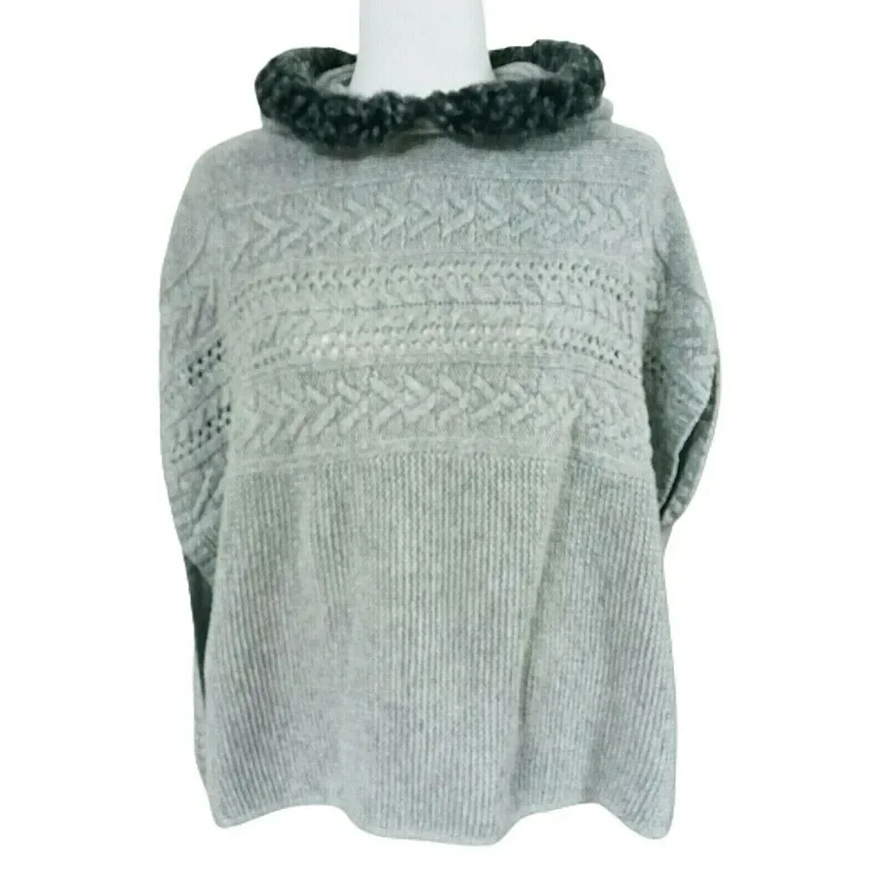 🥼👓Gap Kids XL Hoodie Poncho Cable Knit Heather Gray Faux Fur Trim Girls Winter